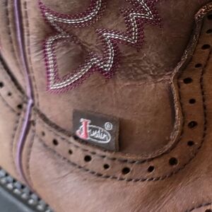 Justin Boots Brown Ankle Booties with Purple Stitching